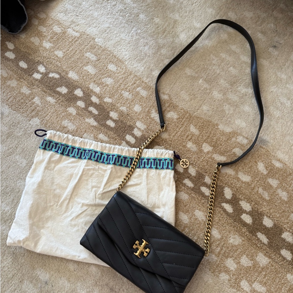 Tory Burch Kira Chevron Black Quilted Crossbody Bag with Gold Chain